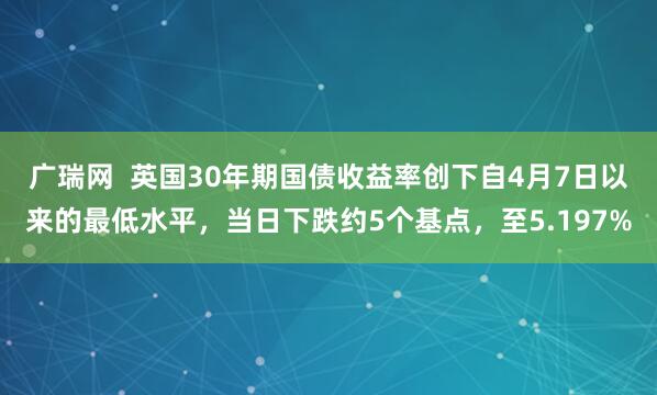 广瑞网  英国30年期国债收益率创下自4月7日以来的最低水平，当日下跌约5个基点，至5.197%